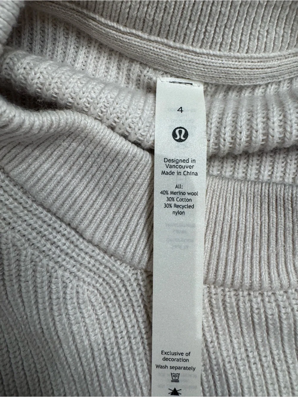 lululemon athletica Merino Wool Cream Ribbed Crew Sweater 1096
